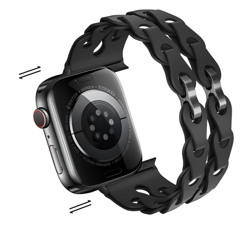 Bracelet Apple Watch Vexa en silicone noir à maillons doubles, design élégant et sportif.