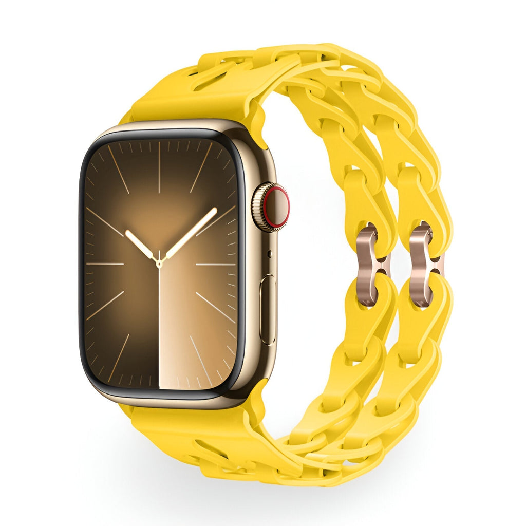 Bracelet Apple Watch en silicone jaune vif avec maillons entrelacés pour un style moderne et confortable.
