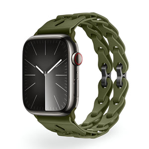 Bracelet Apple Watch en silicone vert olive double boucle au design nervuré, mixte, modèle Vexa.