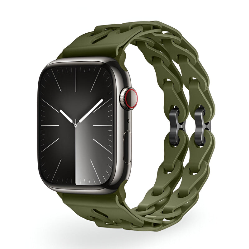 Bracelet Apple Watch en silicone vert olive double boucle au design nervuré, mixte, modèle Vexa.