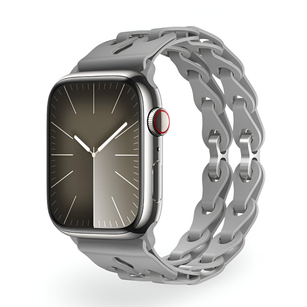 Bracelet Apple Watch en silicone gris avec maillons en forme de chaîne, design mixte Vexa.