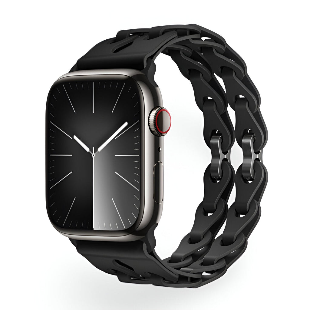 Bracelet Apple Watch noir en silicone à double boucle style chaîne pour 38-42 mm.