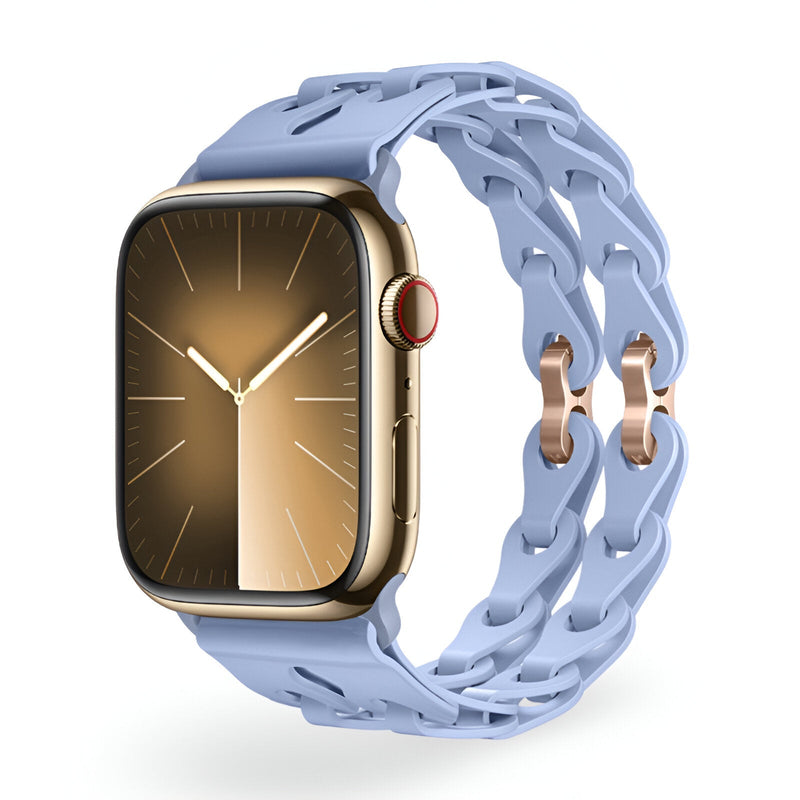 Bracelet Apple Watch silicone bleu clair à maillons doubles finition rose doré, modèle Vexa.
