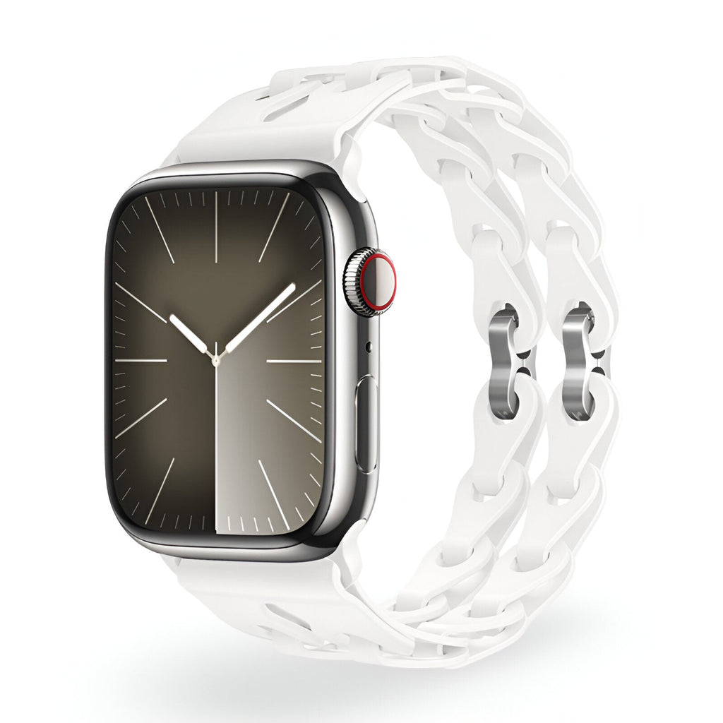 Bracelet blanc en silicone pour Apple Watch, design chaîne souple et élégant, compatible 38-42 mm.