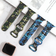 Bracelet Apple Watch silicone camouflage vert et bleu, tailles 38-42 mm et 43-49 mm, mixte.