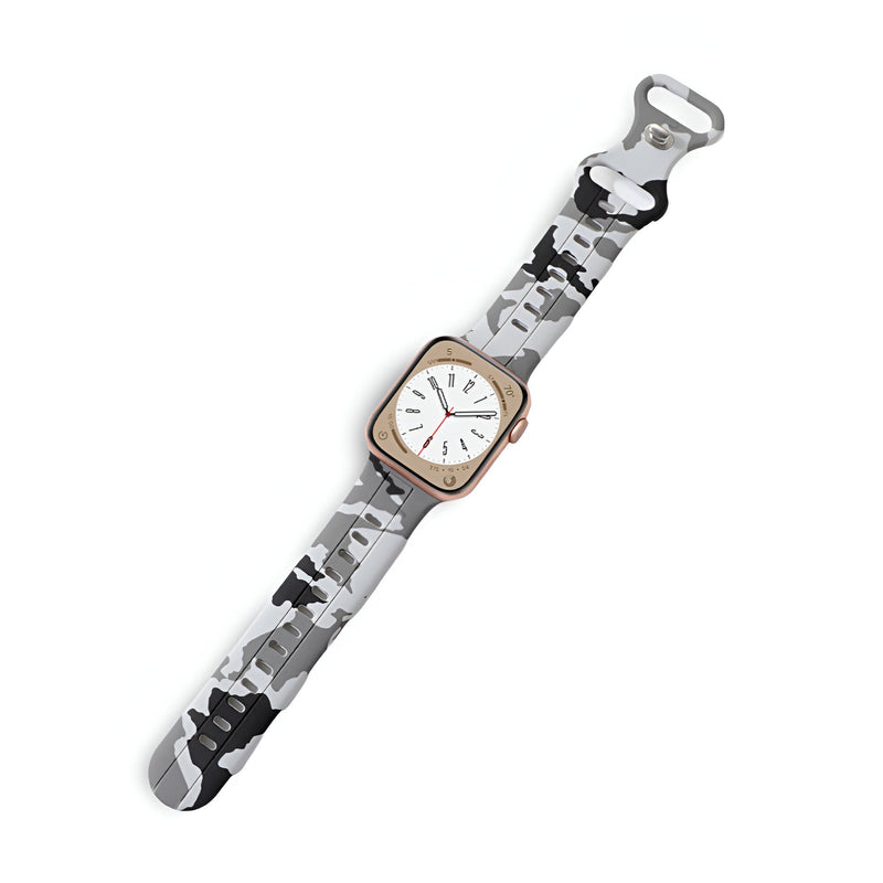 Bracelet Apple Watch en silicone motif camouflage gris clair, blanc et noir, modèle Alar.