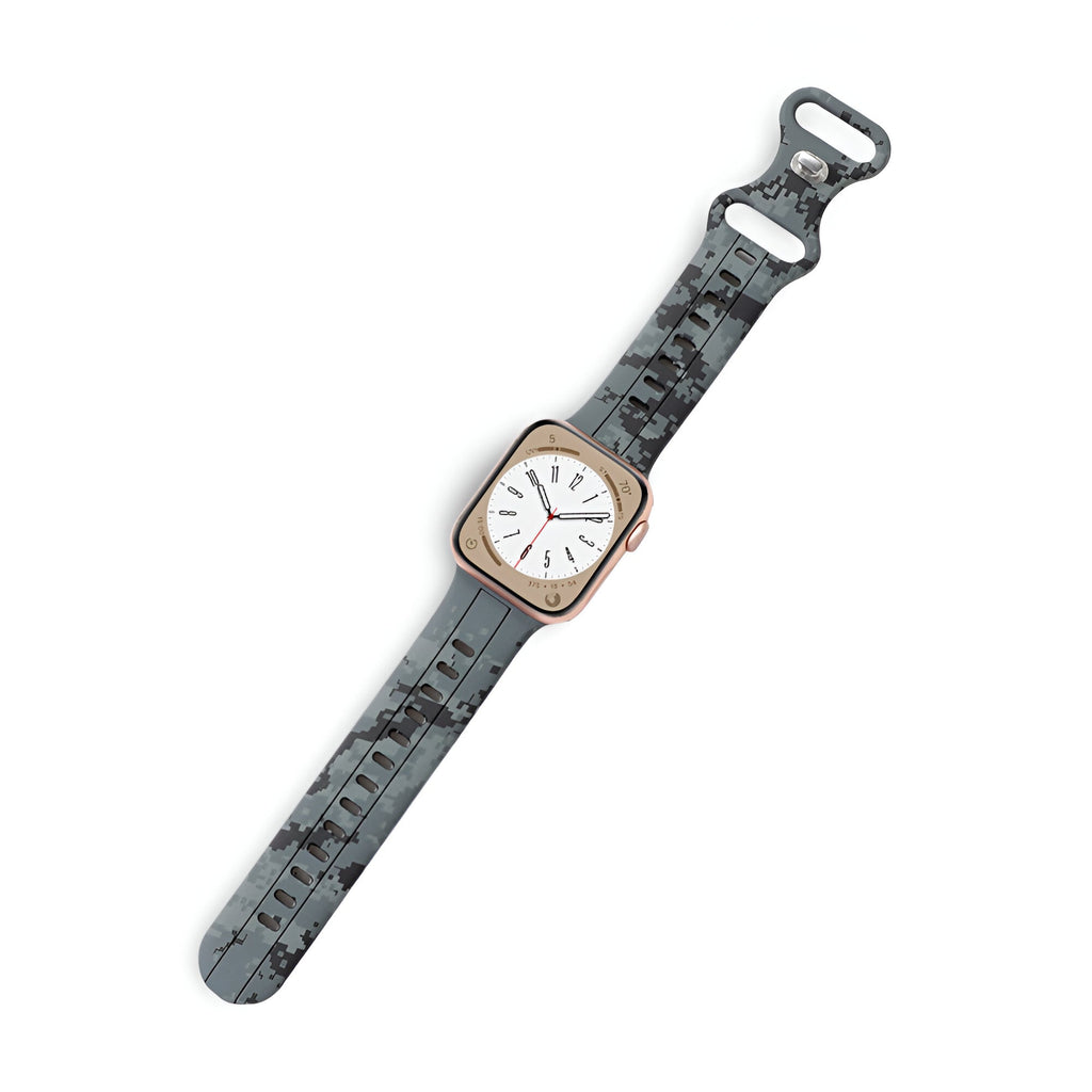 Bracelet Apple Watch silicone camouflage gris foncé taille 38 à 42 mm avec montre rose gold.