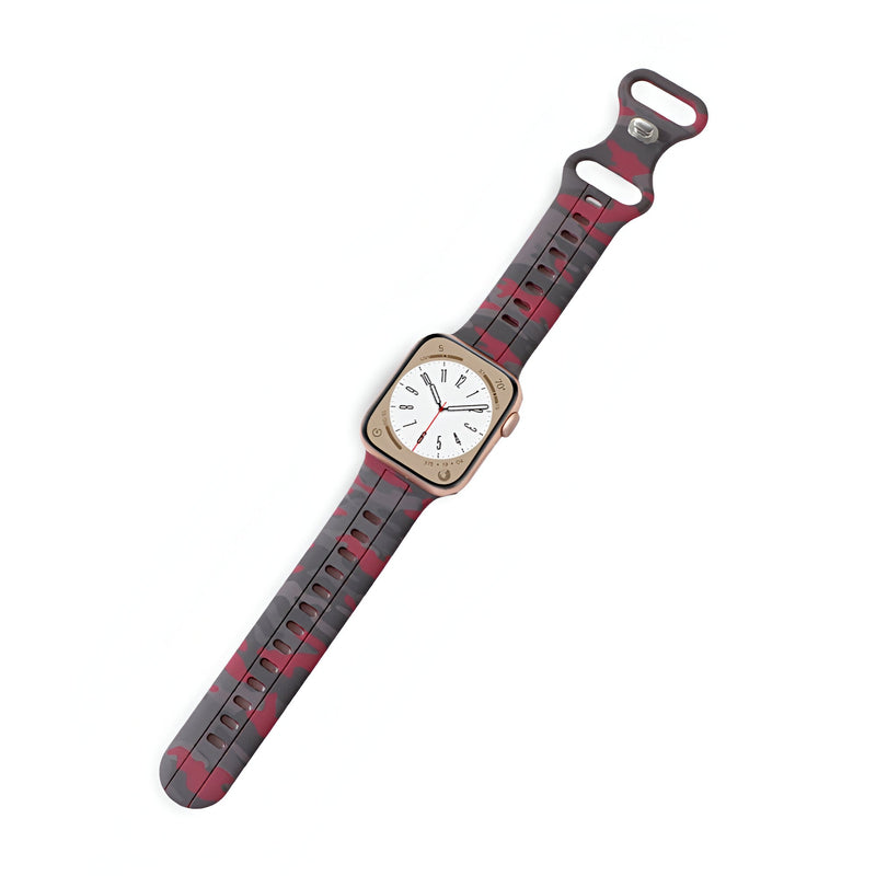 Bracelet Apple Watch en silicone motif camouflage rouge et noir, modèle Alar, mixte, taille 38-42 mm.