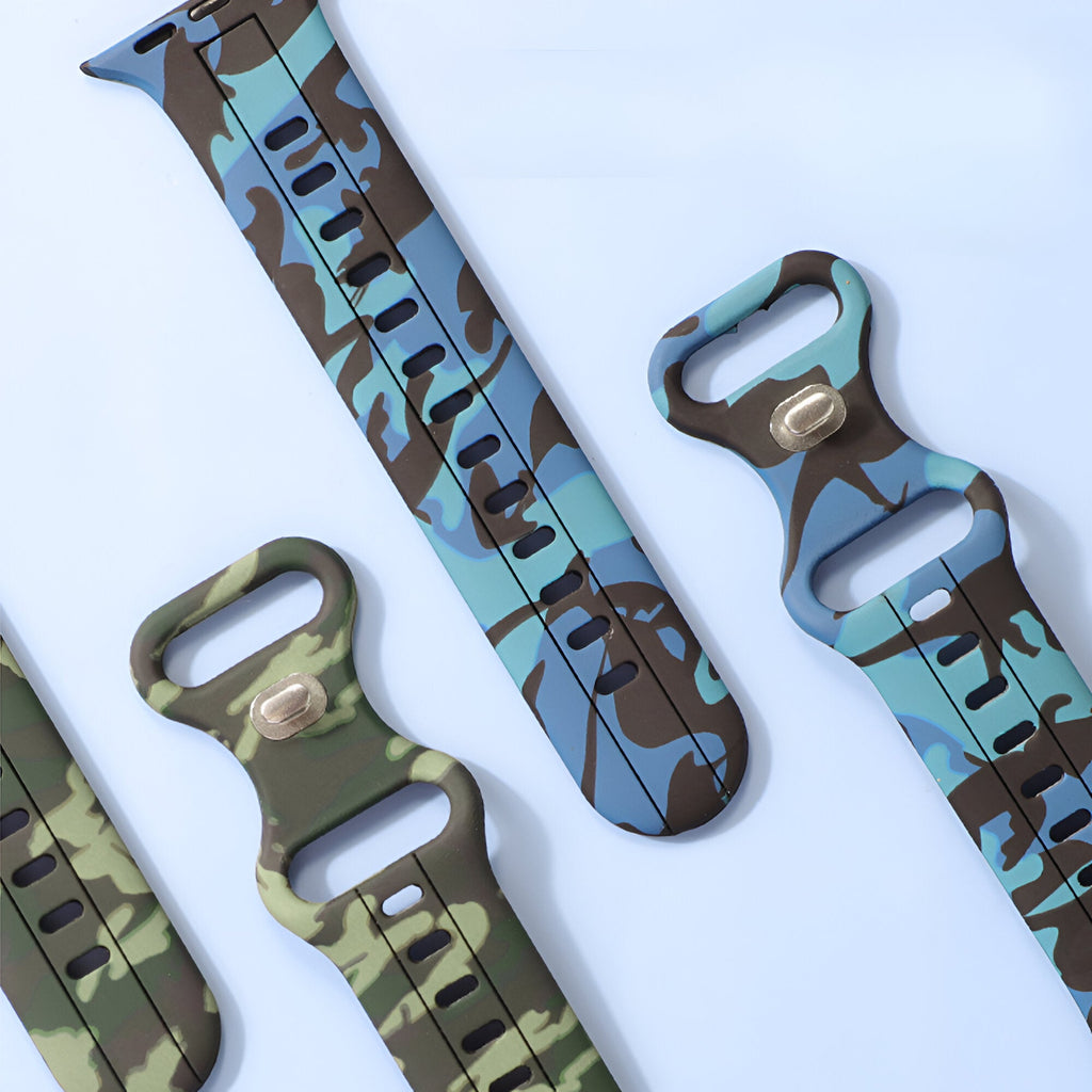 Bracelet Apple Watch en silicone motif camouflage bleu et marron, modèle Alar, taille 38 à 42 mm.
