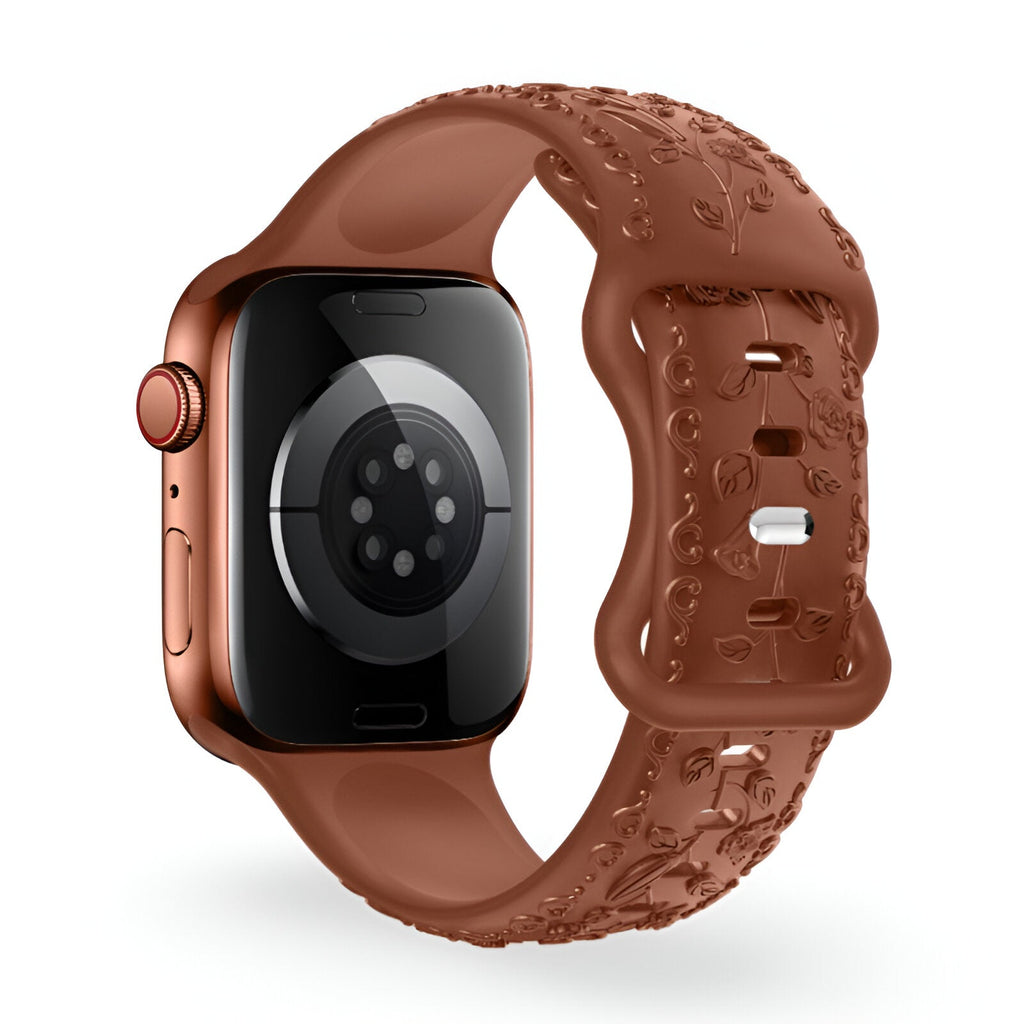 Bracelet Apple Watch en silicone marron avec motif floral texturé, modèle Nexus, taille 43-49 mm.