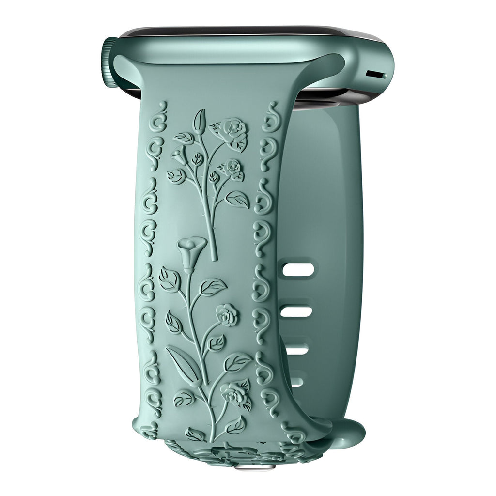 Bracelet Apple Watch en silicone vert d'eau avec motif floral en relief, design mixte modèle Nexus.