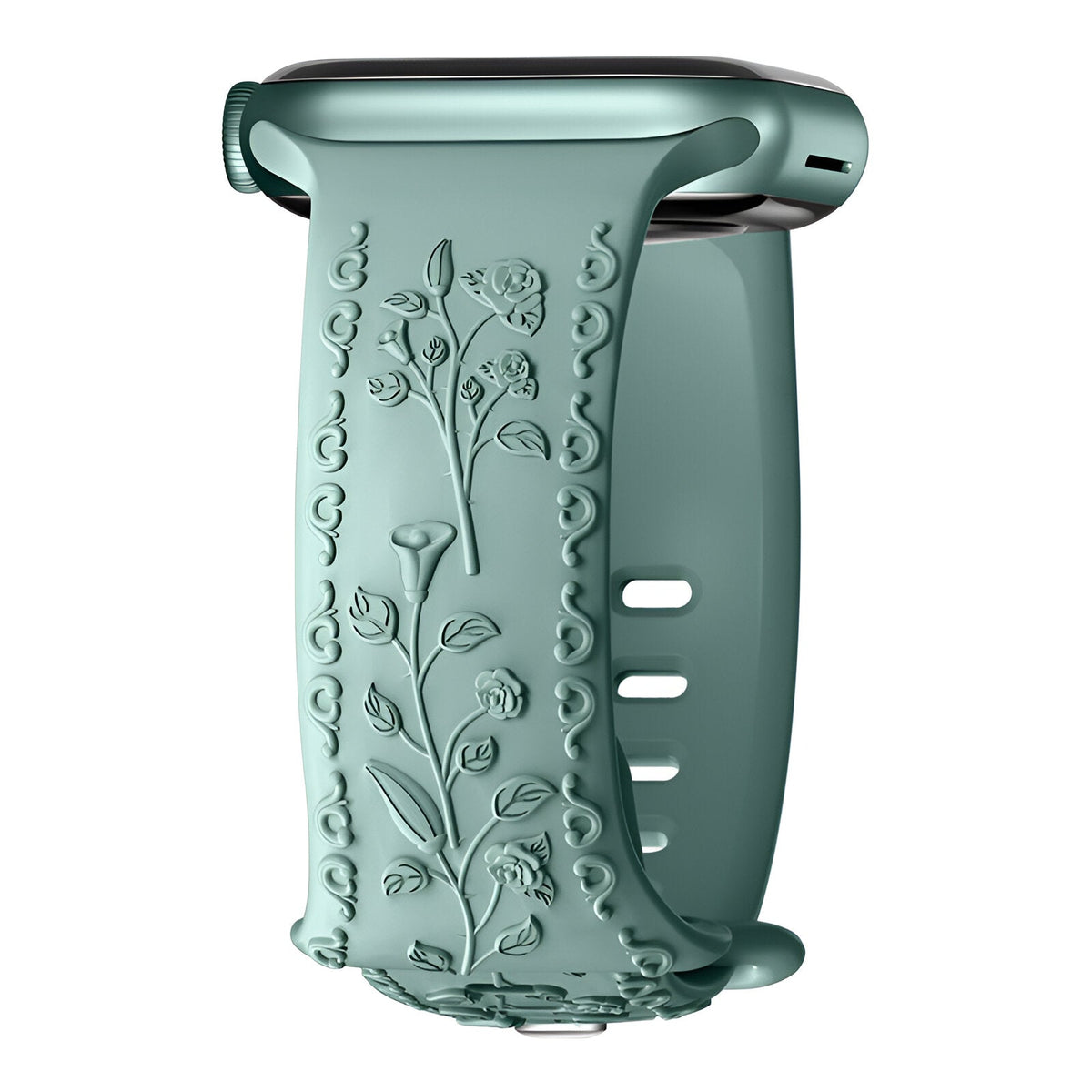Bracelet Apple Watch en silicone vert d'eau avec motif floral en relief, design mixte modèle Nexus.
