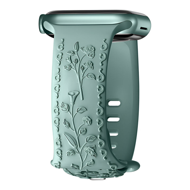 Bracelet Apple Watch en silicone vert d'eau avec motif floral en relief, design mixte modèle Nexus.