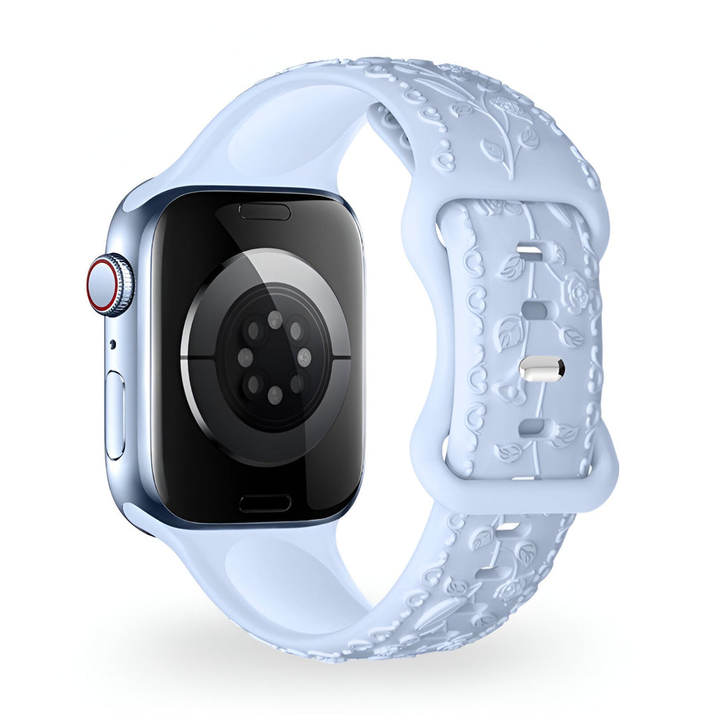Bracelet Apple Watch blanc en silicone avec motif floral en relief, style mixte, modèle Nexus.