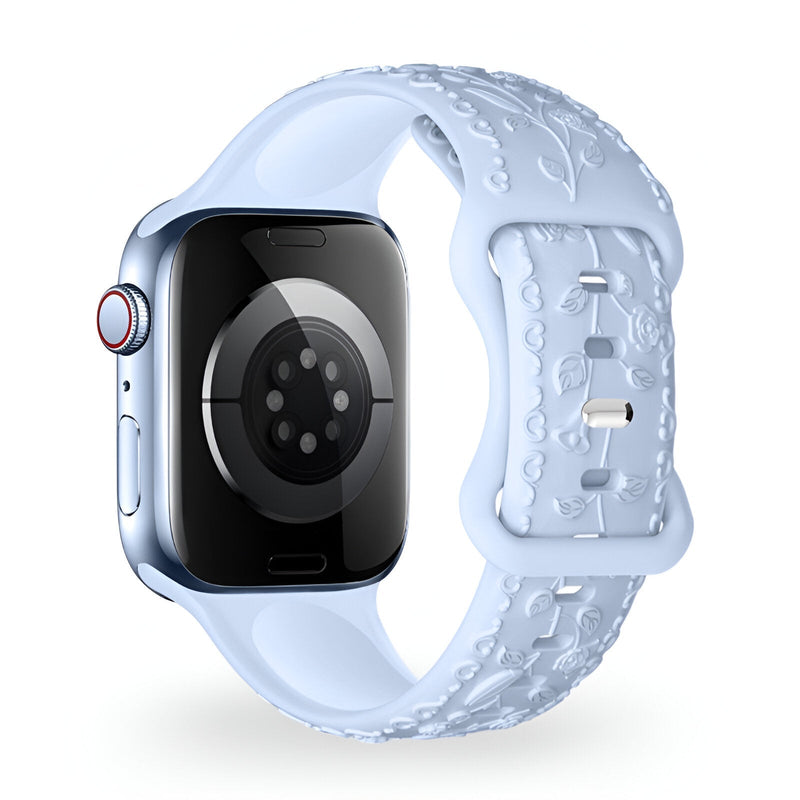 Bracelet Apple Watch blanc en silicone avec motif floral en relief, style mixte, modèle Nexus.