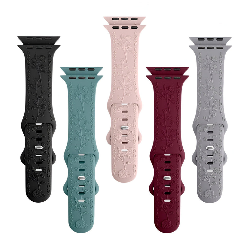 Lot de bracelets Apple Watch en silicone avec motif floral, couleurs noir, vert sauge, rose clair, bordeaux et gris clair.
