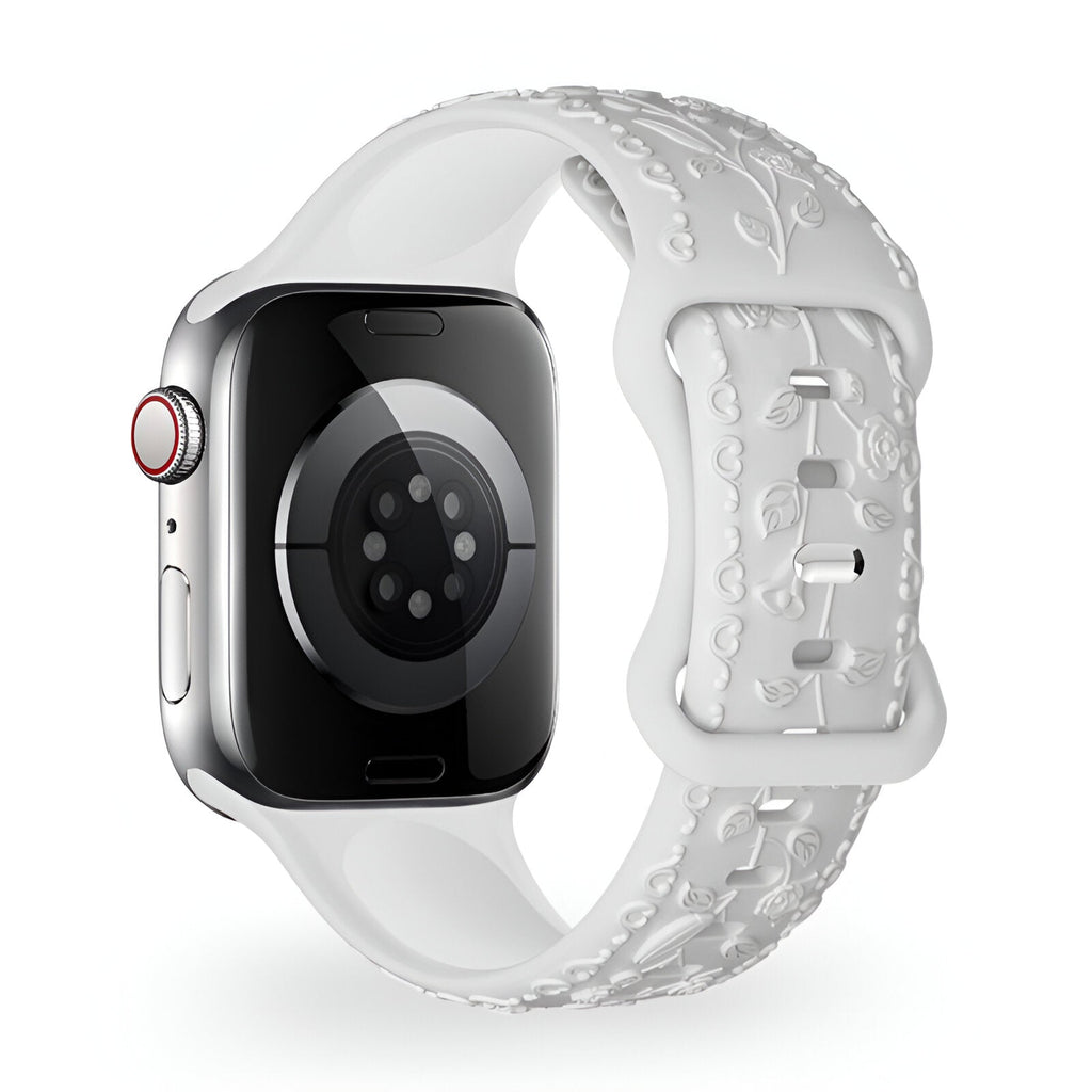 Bracelet Apple Watch en silicone blanc avec motif floral en relief, style mixte, modèle Nexus.