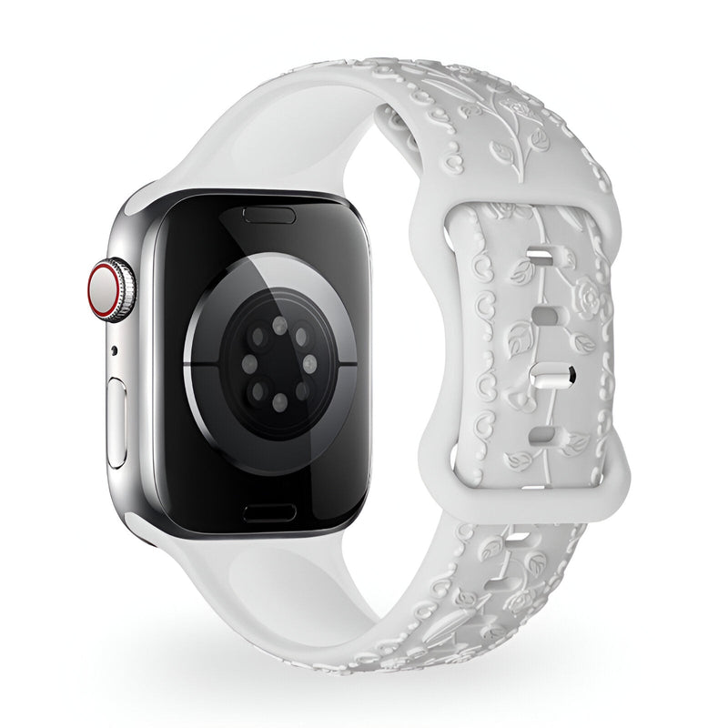 Bracelet Apple Watch en silicone blanc avec motif floral en relief, style mixte, modèle Nexus.