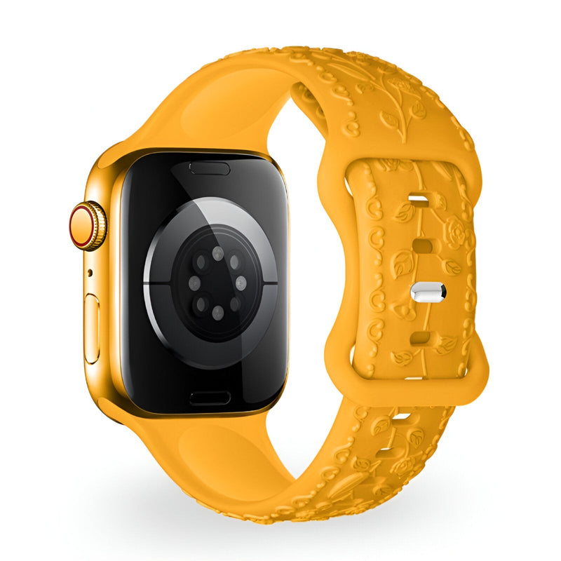 Bracelet Apple Watch en silicone jaune motif floral, taille ajustable, modèle Nexus.