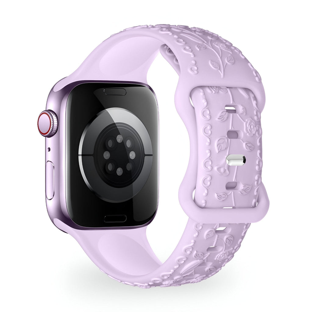 Bracelet en silicone lavande avec motif floral texturé pour Apple Watch, modèle Nexus.