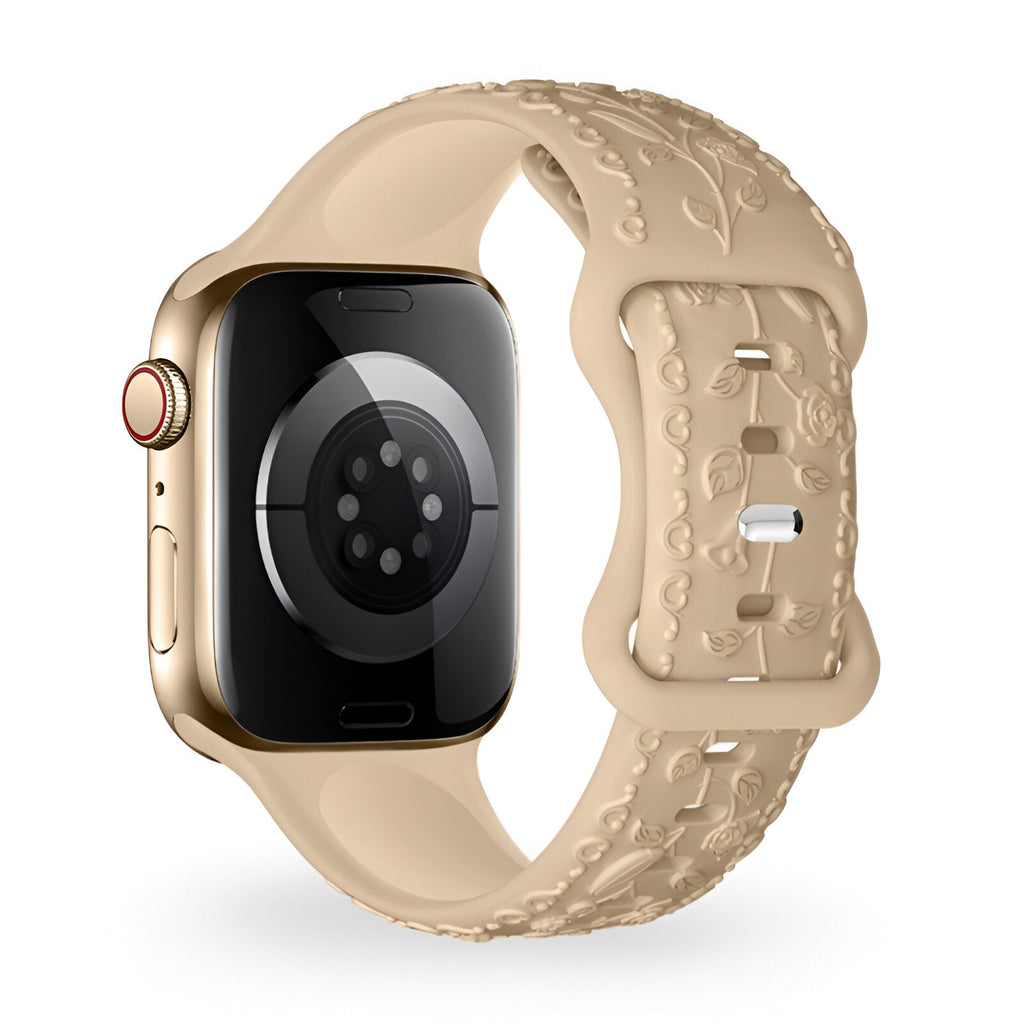 Bracelet Apple Watch en silicone beige avec motif floral en relief, style mixte modèle Nexus.