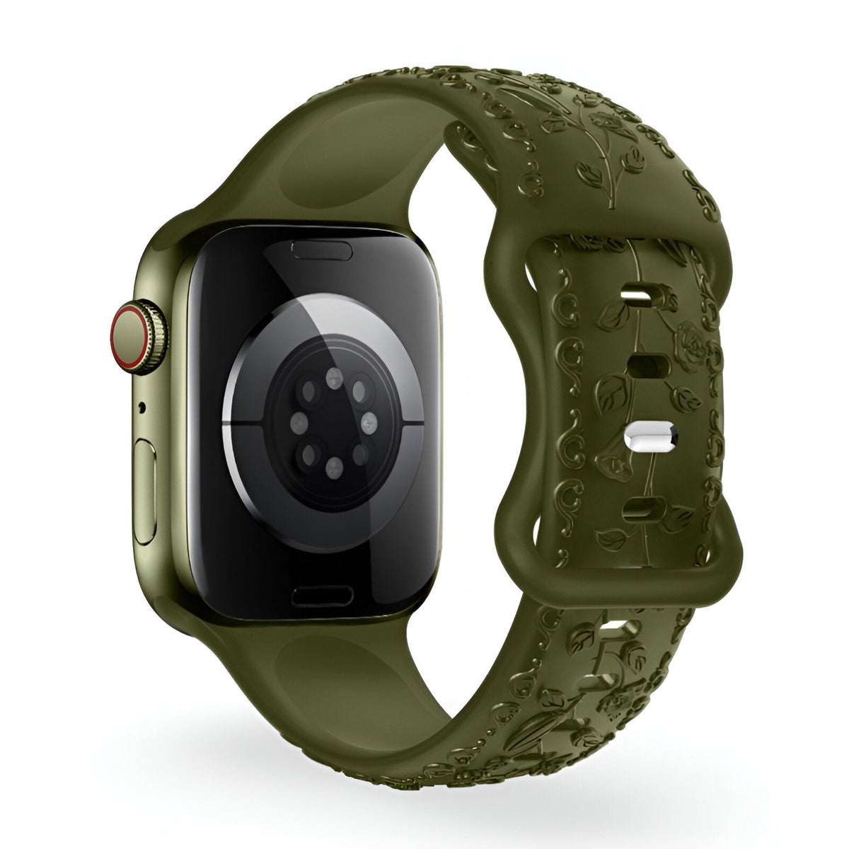 Bracelet en silicone vert foncé avec motif floral texturé pour Apple Watch, taille 43-49 mm.