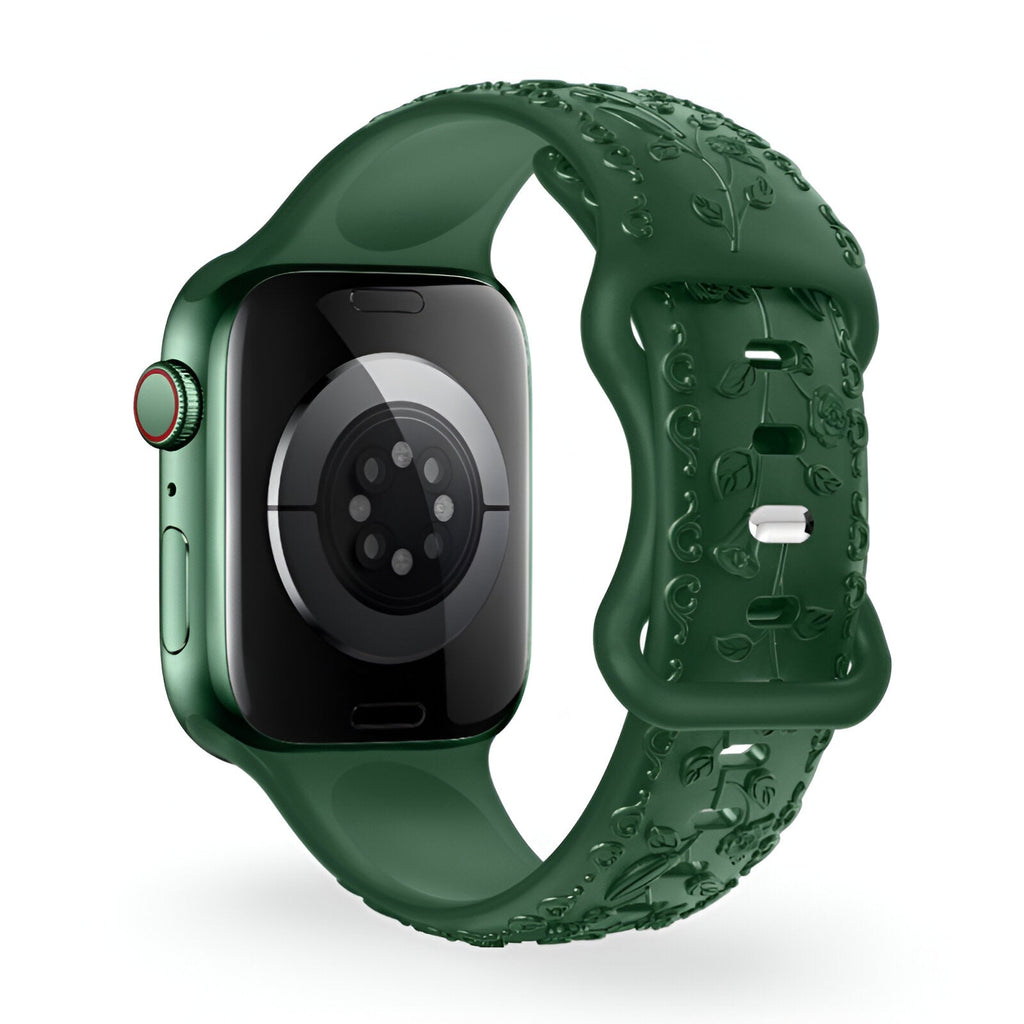 Bracelet Apple Watch en silicone vert foncé avec motif floral en relief, taille 38 à 42 mm.