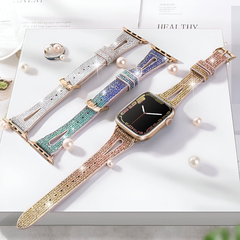 Bracelet Apple Watch en silicone pailleté rose doré, modèle Rhea, style élégant et scintillant.