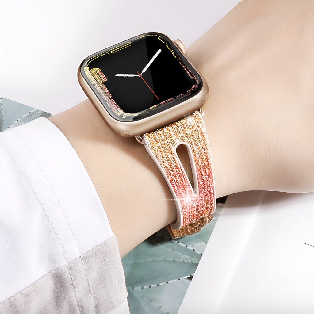 Bracelet Apple Watch en silicone pailleté rose dégradé pour femmes, modèle Rhea.