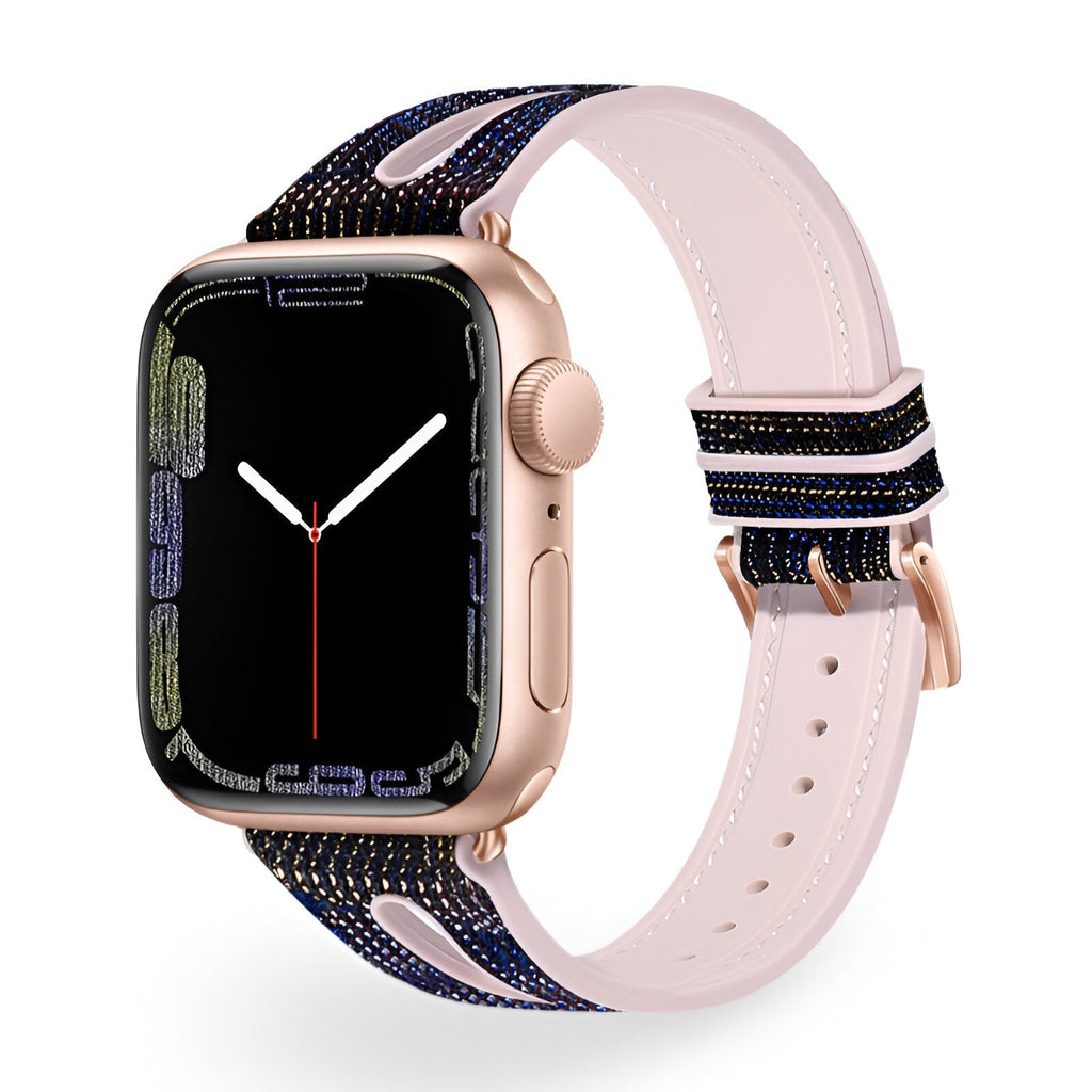 Bracelet Apple Watch en silicone pailleté noir et rose avec boucle rose doré, modèle Rhea.