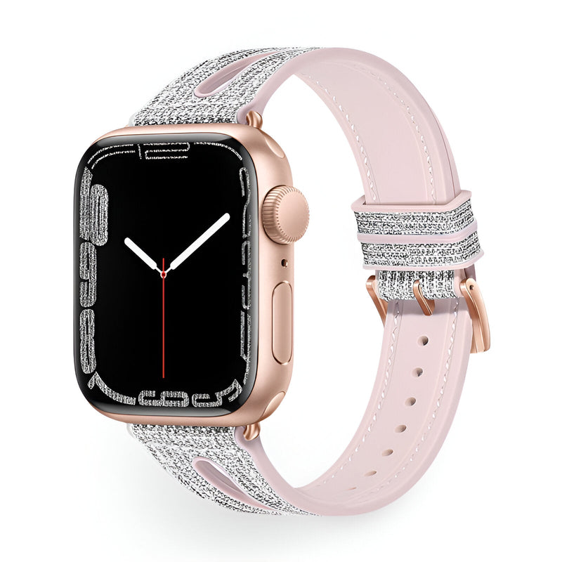 Bracelet Apple Watch rose en silicone pailleté avec boucle rose doré pour femme.
