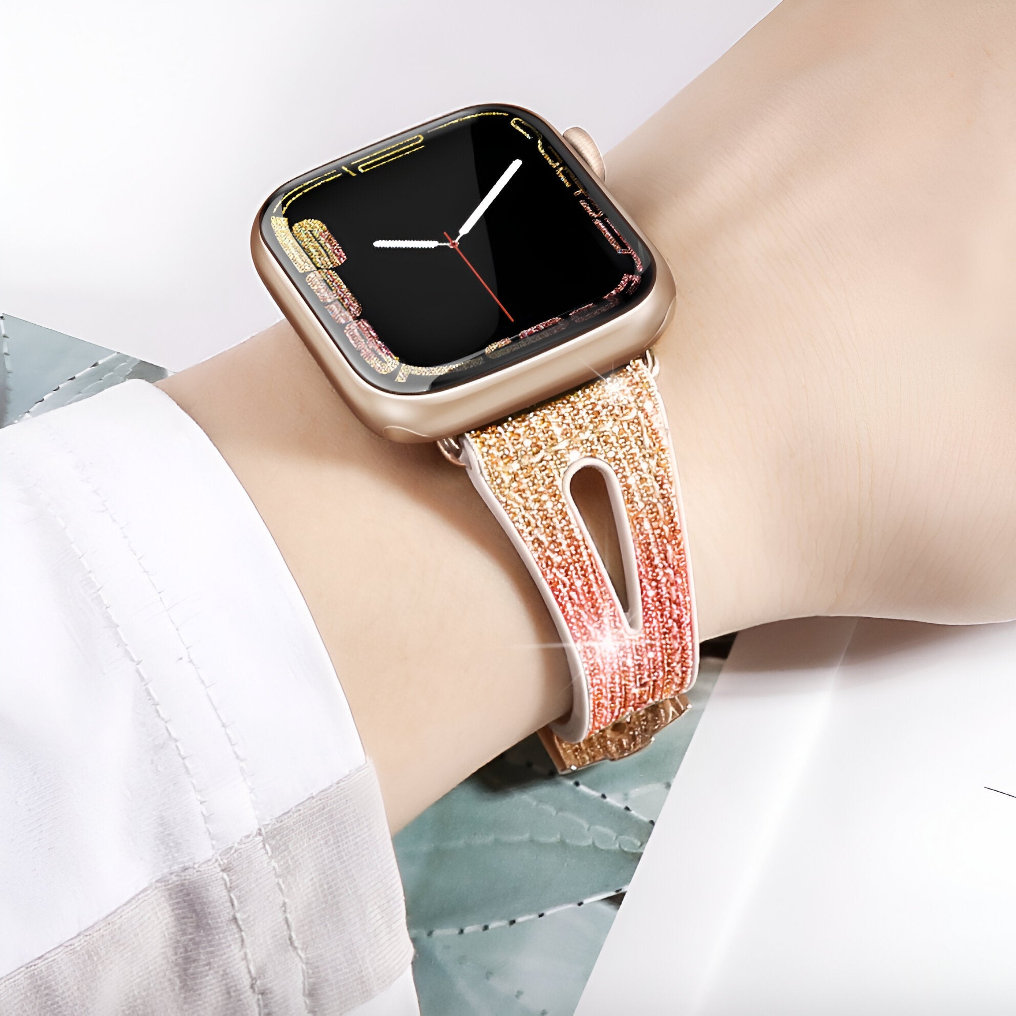 Bracelet de montre connectée, Apple Watch, en silicone pailleté, pour femme, modèle Rhea - La Boutique du Bracelet