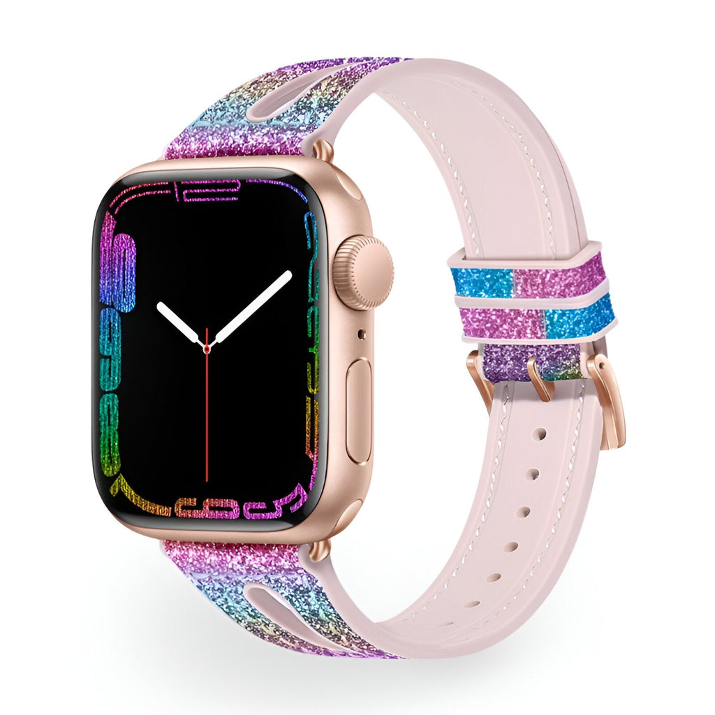 Bracelet Apple Watch en silicone pailleté multicolore, boucle rose doré, taille 38-42 mm.