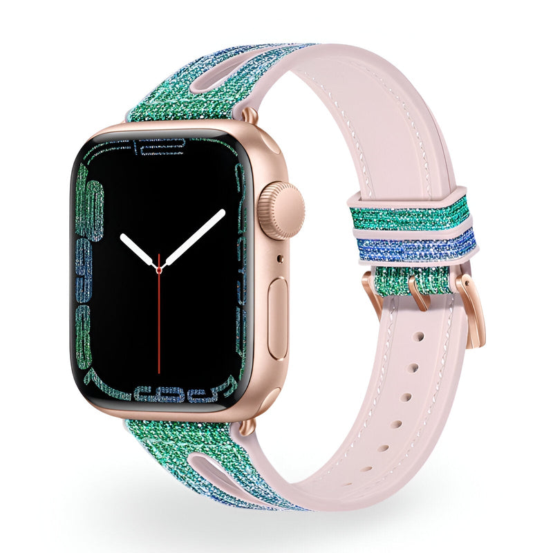 Bracelet Apple Watch en silicone pailleté bleu et vert avec intérieur rose pâle et boucle or rose.