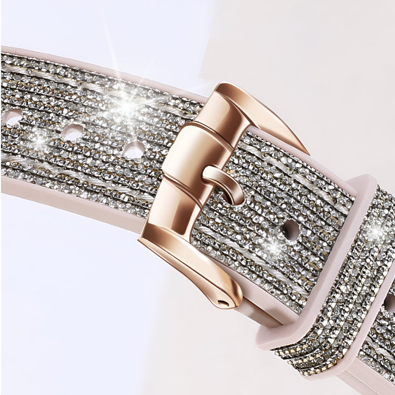 Bracelet Apple Watch rose pailleté en silicone avec boucle rose doré brillante.