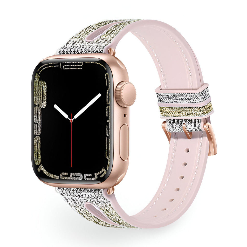 Bracelet Apple Watch en silicone rose pailleté avec détail argenté scintillant pour femmes.