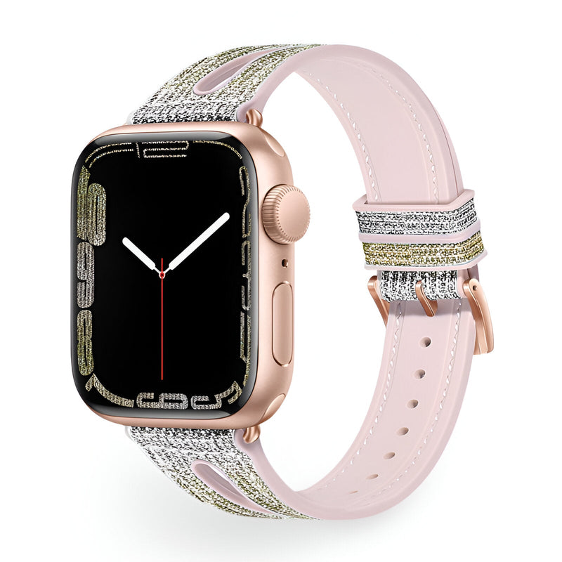 Bracelet Apple Watch en silicone rose pailleté avec détail argenté scintillant pour femmes.