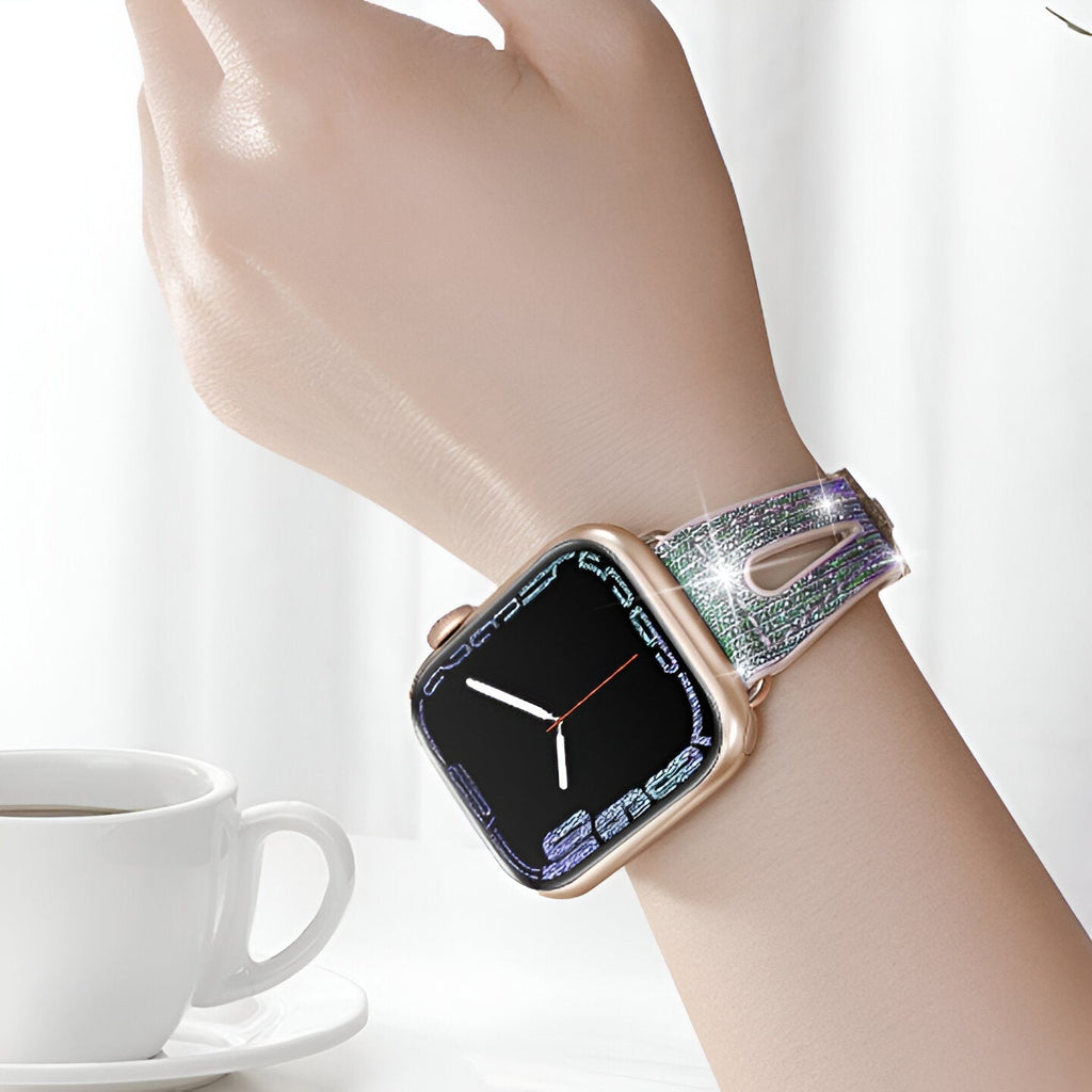 Bracelet Apple Watch en silicone pailleté multicolore avec fermeture à boucle adaptable.