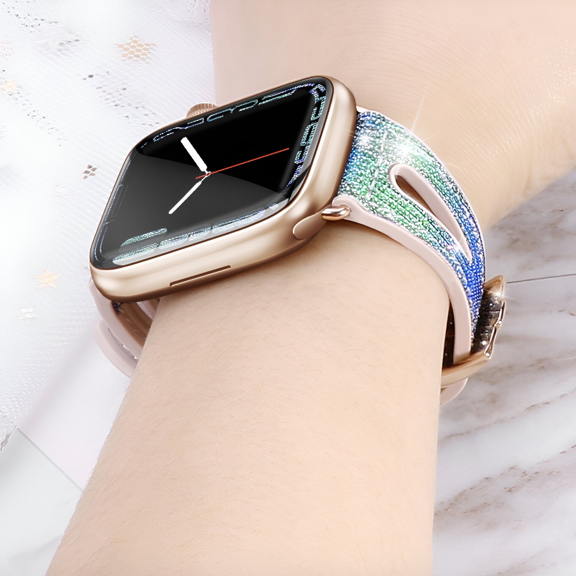 Bracelet de montre connectée, Apple Watch, en silicone pailleté, pour femme, modèle Rhea - La Boutique du Bracelet