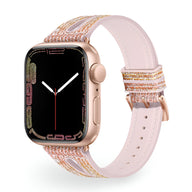 Bracelet Apple Watch en silicone rose pailleté avec boucle dorée, style élégant pour femme.