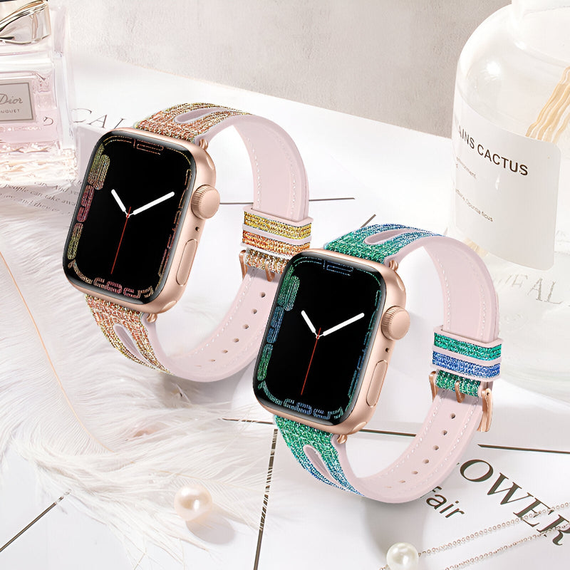 Bracelet Apple Watch en silicone rose avec paillettes et motifs multicolores, modèle Rhea.