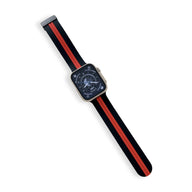 Bracelet Apple Watch silicone noir avec bande rouge centrale pour femme, modèle Faelan, taille 38-42 mm.