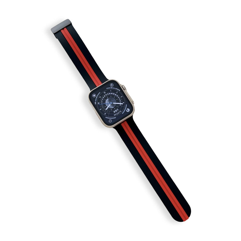 Bracelet Apple Watch silicone noir avec bande rouge centrale pour femme, modèle Faelan, taille 38-42 mm.
