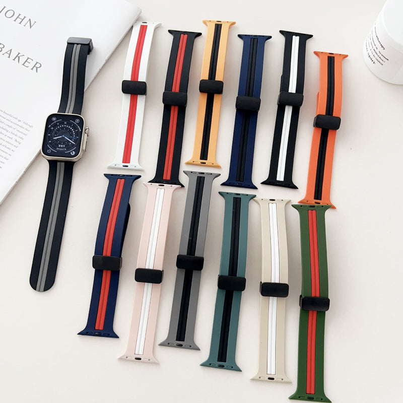 Lot de bracelets Apple Watch en silicone pour femme, couleurs variées avec double bande contrastée.
