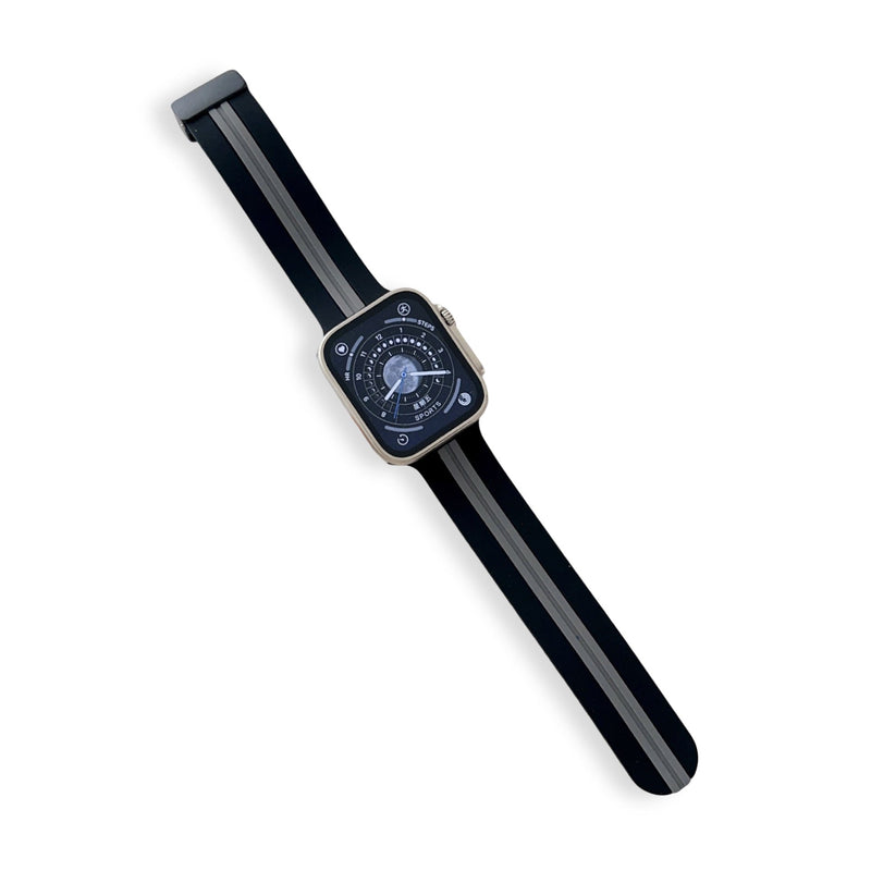 Bracelet Apple Watch en silicone noir et gris, taille 38 à 42 mm, style moderne et épuré.