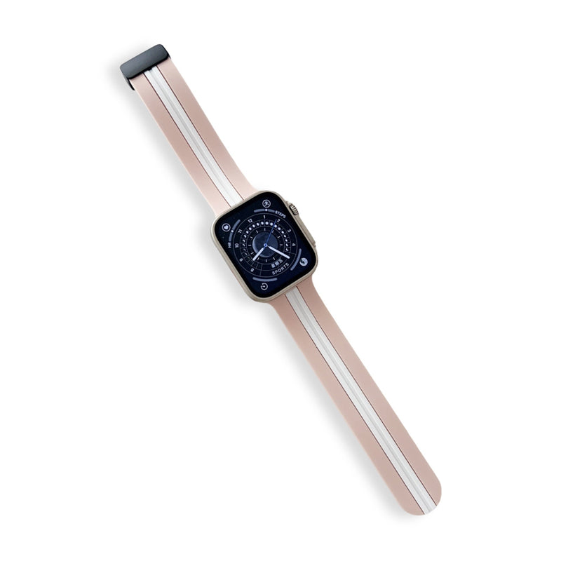 Bracelet Apple Watch silicone rose pâle avec bande blanche fine pour femme modèle Faelan.
