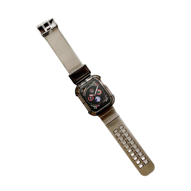 Bracelet Apple Watch en silicone taupe avec fermoir métallique et perforations rectangulaires.