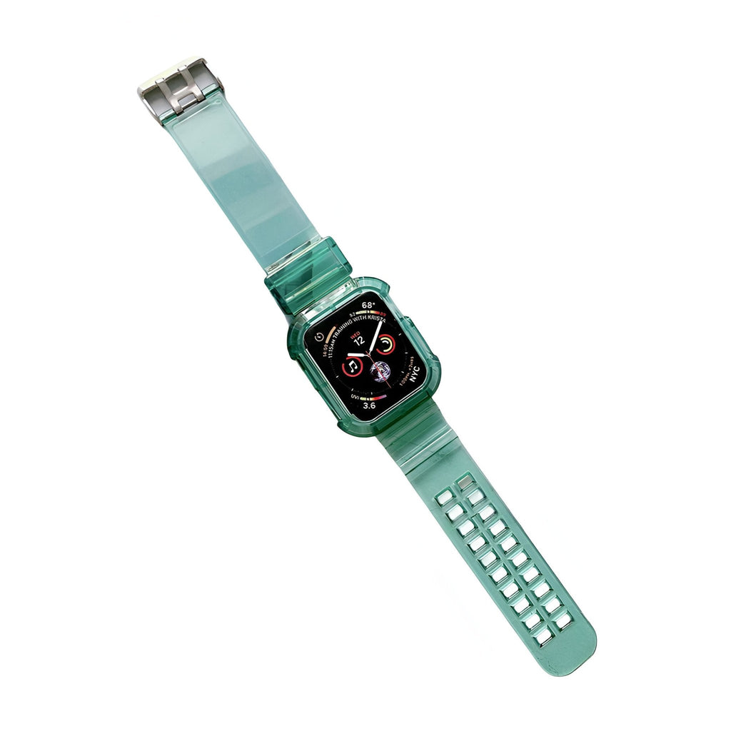 Bracelet Apple Watch en silicone vert translucide avec boucle argentée et fermeture à trous multiples.