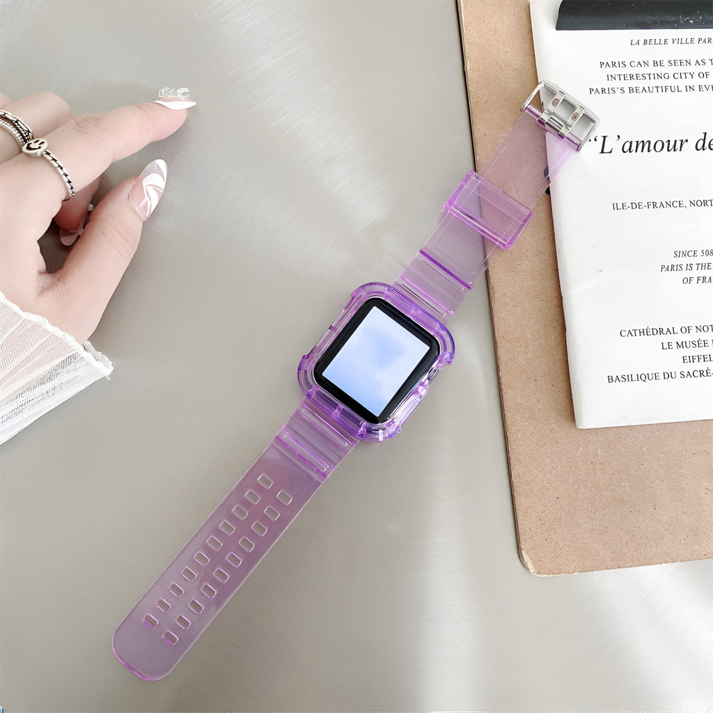 Bracelet Apple Watch en silicone violet transparent, design souple et ajustable pour femme.