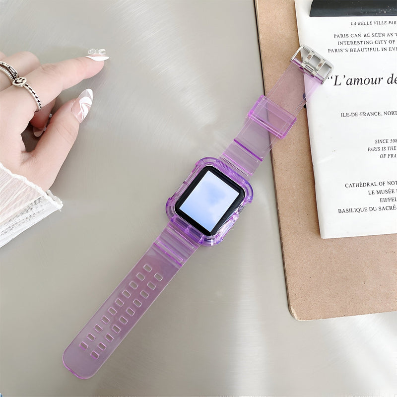 Bracelet Apple Watch en silicone violet transparent, design souple et ajustable pour femme.